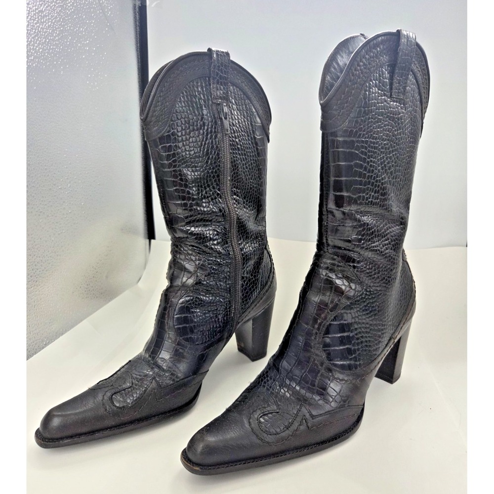 Stuart Weitzman Spain Black Embossed Leather Zip Boots 3" Heel Women 7-1/2 M
